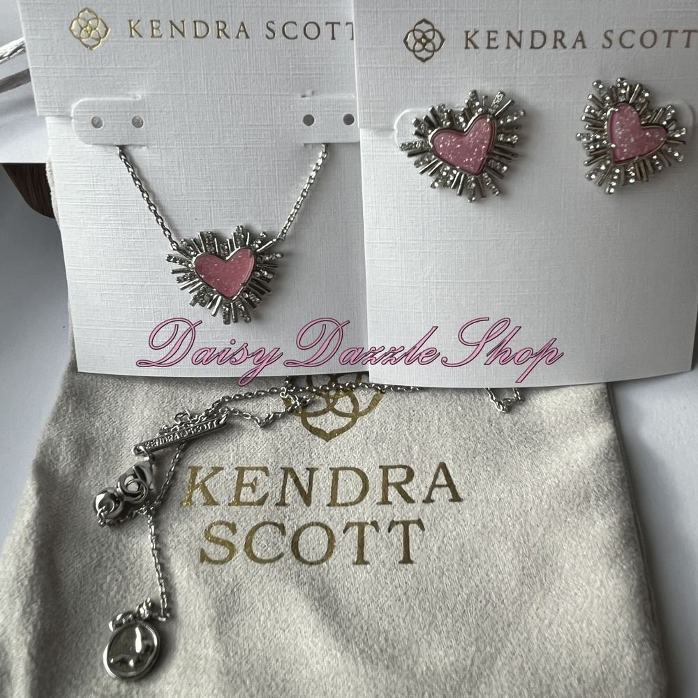 Kendra Scott x Dolly Parton Ari Heart Necklace w/ Earrings Set Silver Pink Drusy